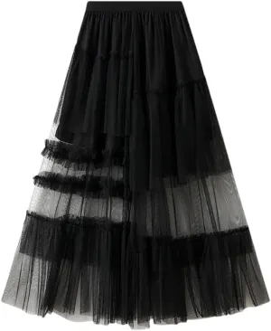 Women's Tulle Midi Skirt Elastic High Waist Vintage Layered A-Line Prom Party Long Skirts