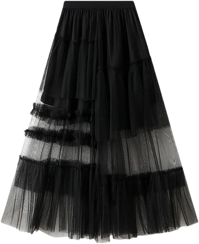 Women's Tulle Midi Skirt Elastic High Waist Vintage Layered A-Line Prom Party Long Skirts