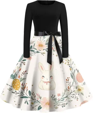Women's Vintage Easter Egg Print A-Line Dress with Long Sleeves and Belt Perfect for Spring Celebrations
