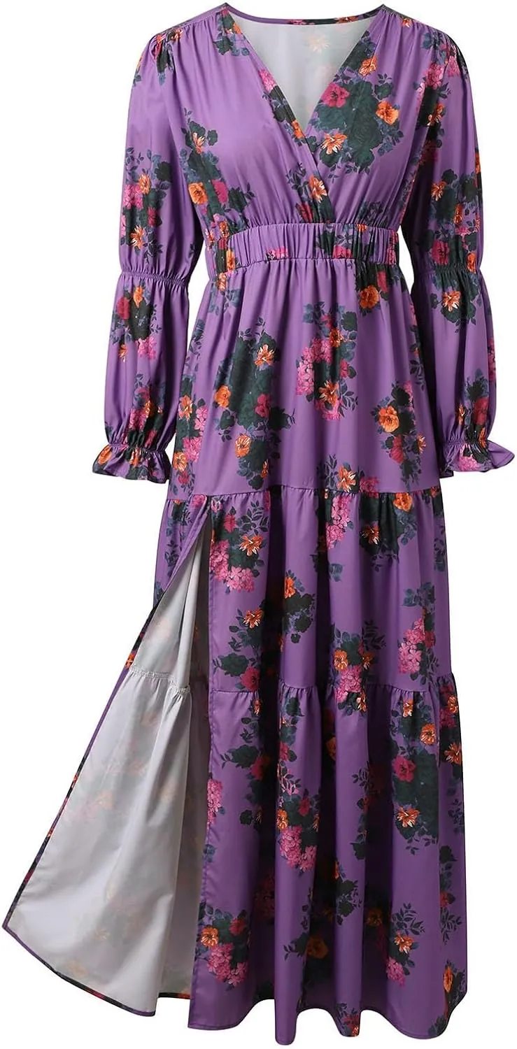 Women's Vintage Pastoral Flower Long Dress Sexy V-Neck Long Sleeve Boho Dresses Spring Summer Casual Maxi Dress