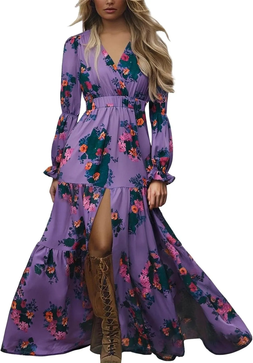 Women's Vintage Pastoral Flower Long Dress Sexy V-Neck Long Sleeve Boho Dresses Spring Summer Casual Maxi Dress