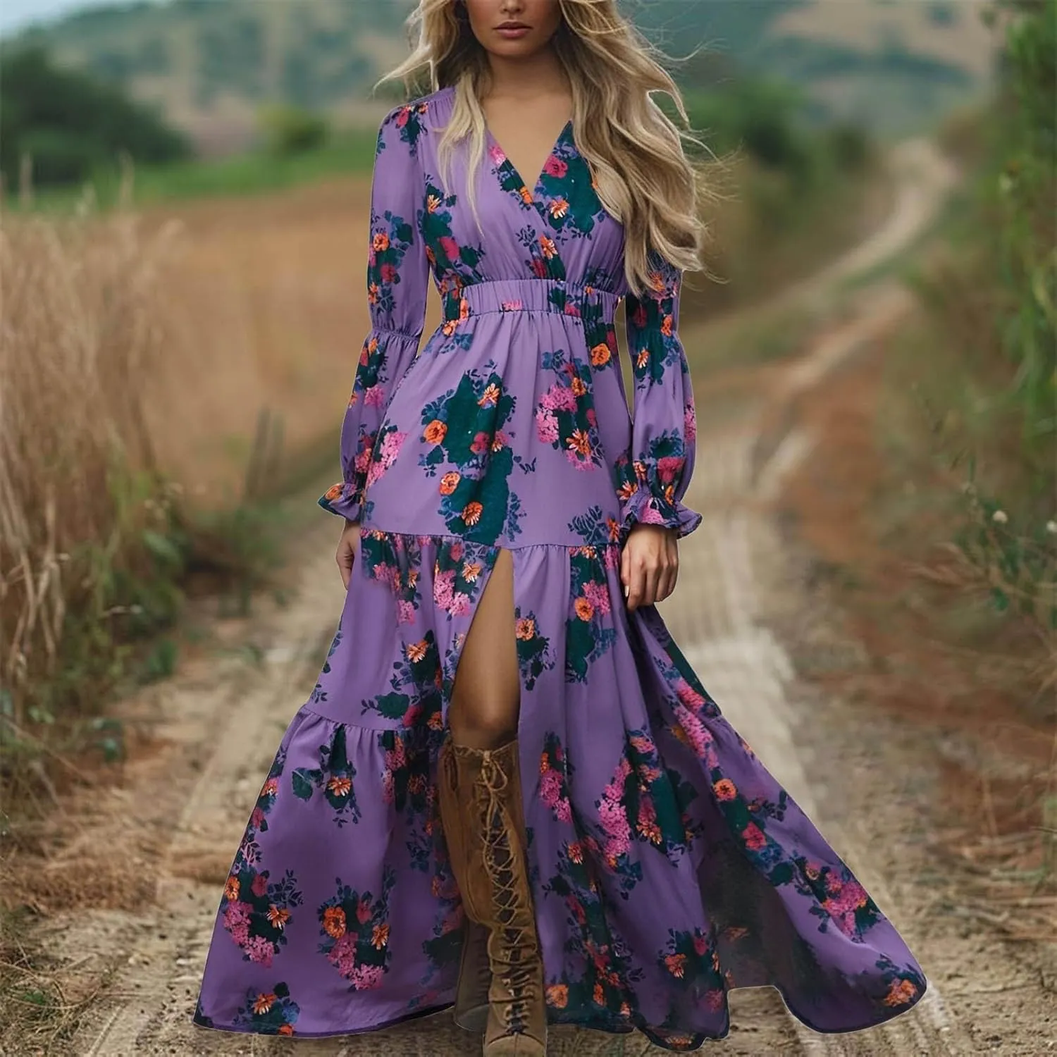 Women's Vintage Pastoral Flower Long Dress Sexy V-Neck Long Sleeve Boho Dresses Spring Summer Casual Maxi Dress