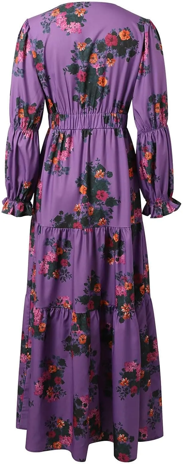 Women's Vintage Pastoral Flower Long Dress Sexy V-Neck Long Sleeve Boho Dresses Spring Summer Casual Maxi Dress