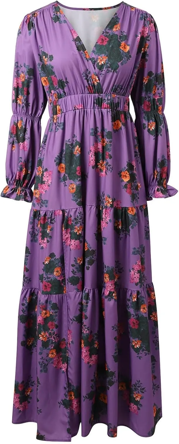 Women's Vintage Pastoral Flower Long Dress Sexy V-Neck Long Sleeve Boho Dresses Spring Summer Casual Maxi Dress
