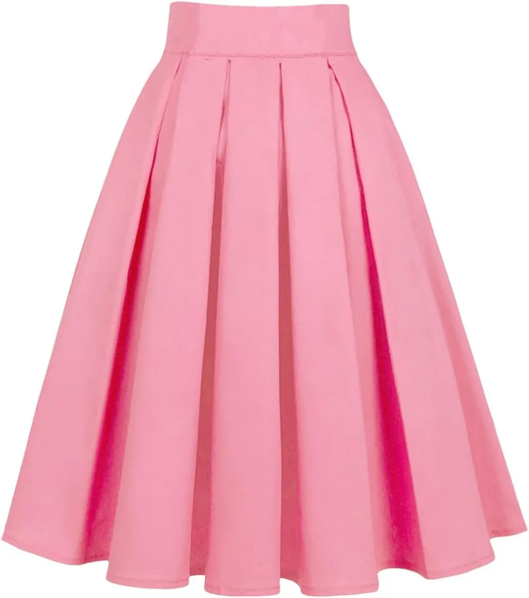 Womens Vintage Skirts High Waist Pleated Midi A-Line Casual Swing Pleated Skirt