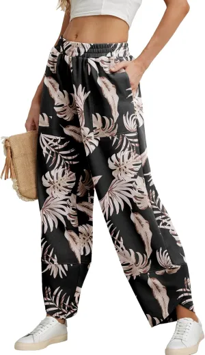 Womens Wide Leg Harem Pants Casual Loose Elastic Waist Solid Color Comfy Palazzo Lounge Baggy Sweatpants with Pockets