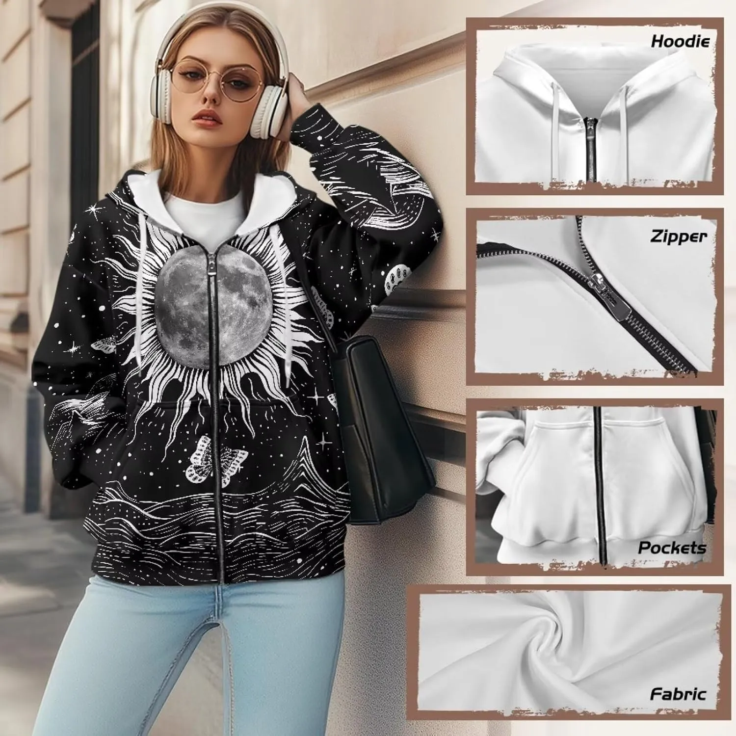 Womens Zip Up Hoodies Loose Sweatshirts, Long Sleeve Hooded Top Fashion Clothes with Pockets