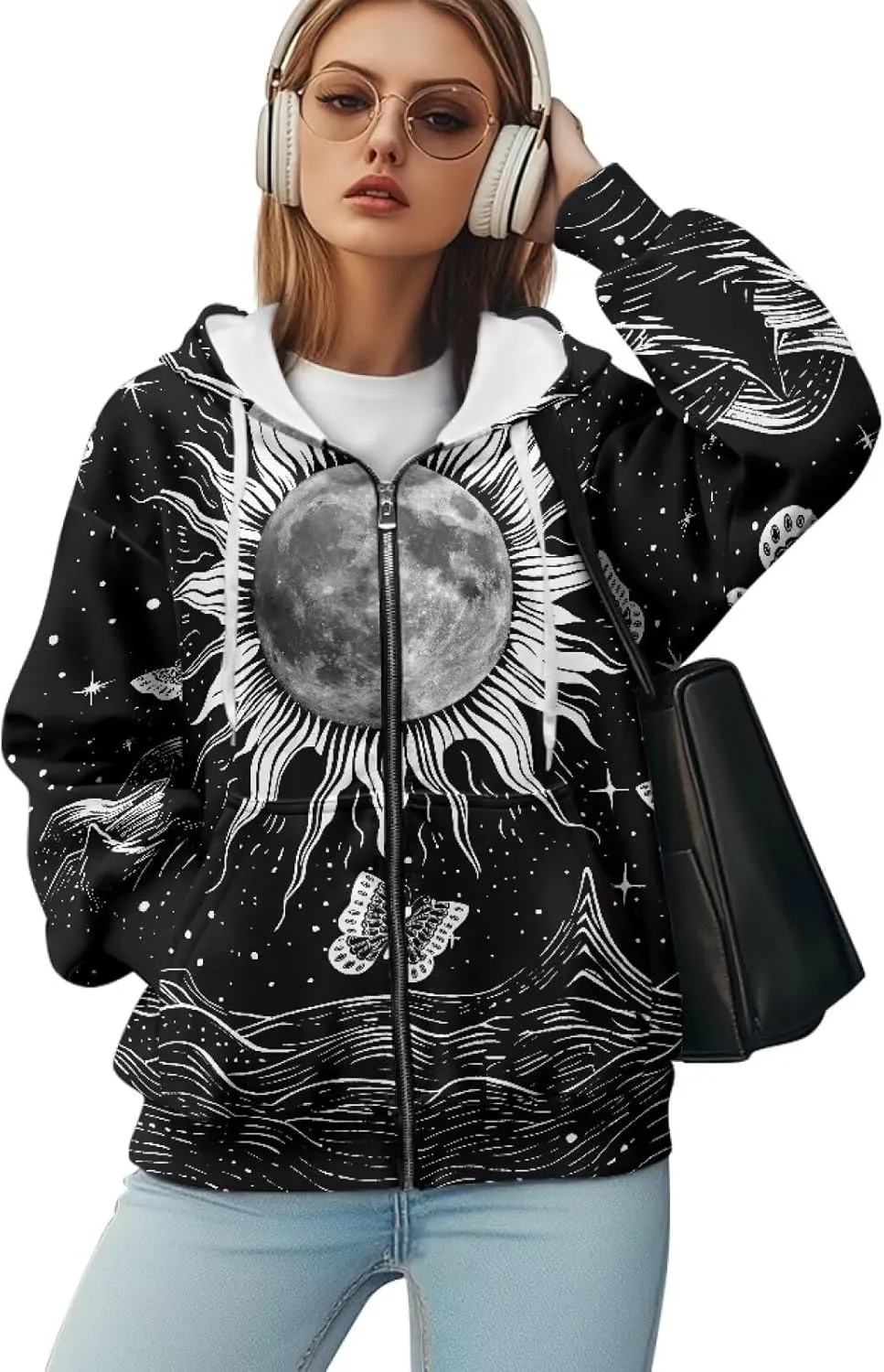 Womens Zip Up Hoodies Loose Sweatshirts, Long Sleeve Hooded Top Fashion Clothes with Pockets