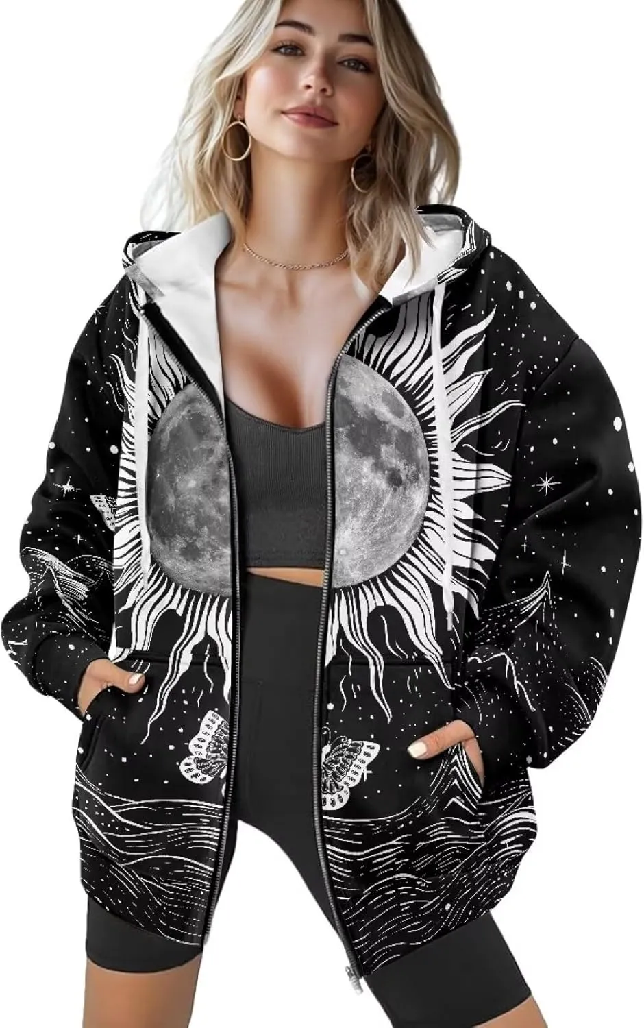 Womens Zip Up Hoodies Loose Sweatshirts, Long Sleeve Hooded Top Fashion Clothes with Pockets