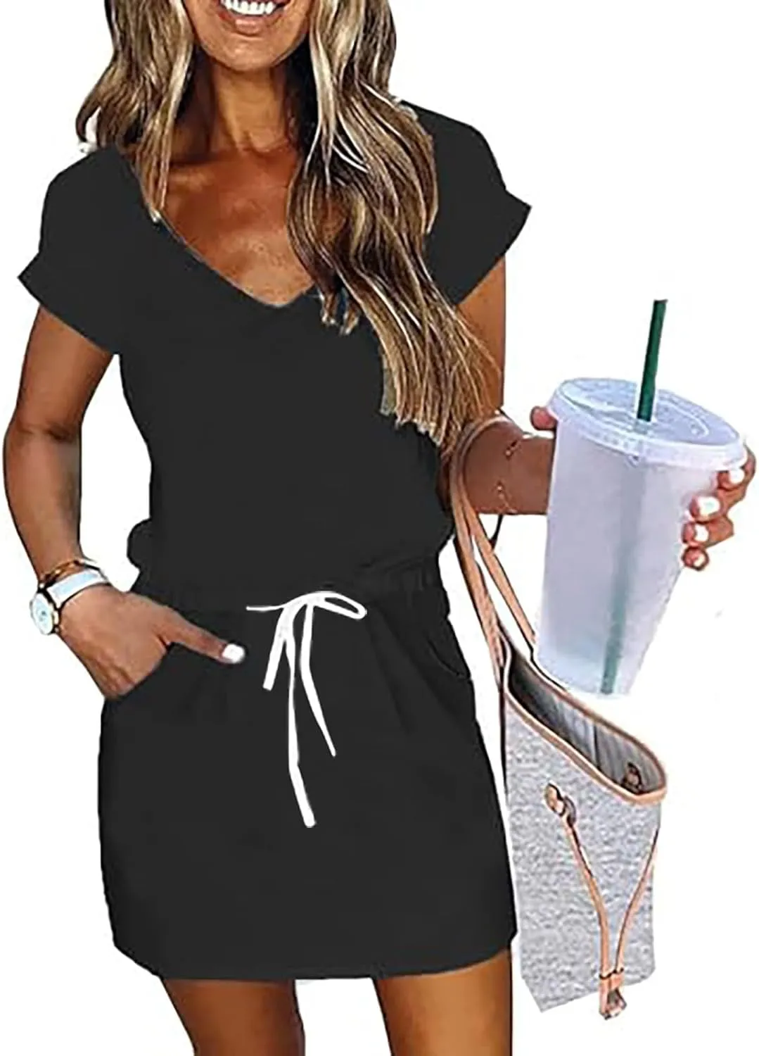 XOWRTE Women's Summer Tie Dresses 2025 Beach Casual Deep V Neck Loose Sundress Ruffle Sleeve Mini Dress A-Line Tunic Dress