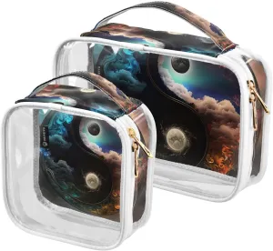 Yin-yang-harmony-symbol 2 Pack Clear Toiletry Bag Women Men, Portable Waterproof Clear Pouch, Cosmetic Bag with Double Zippers Large Opening Traveling with Handle for Bathroom Traveling Vacation Organ