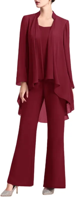 Zongqiven Women's Mother of The Bride Pant Suits 3 Pieces Chiffon Outfit Sets for Wedding Guest Evening Party Gowns