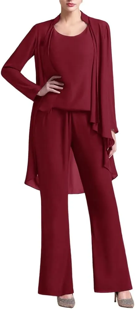 Zongqiven Women's Mother of The Bride Pant Suits 3 Pieces Chiffon Outfit Sets for Wedding Guest Evening Party Gowns